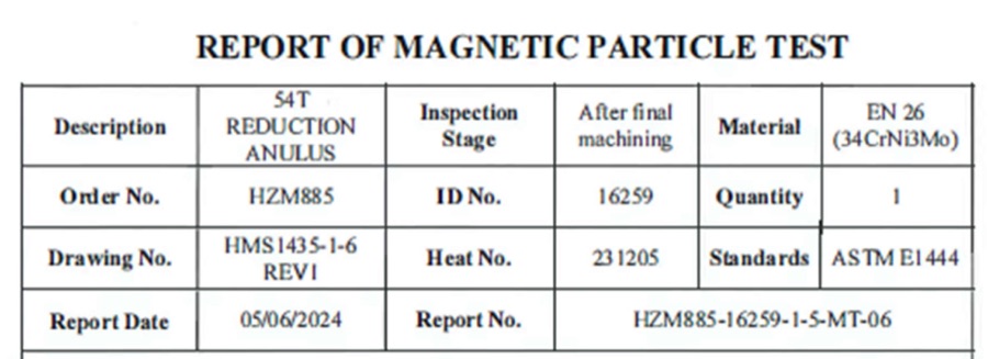 Informe de ensayo por partículas magnéticas de una pieza del geartrain.