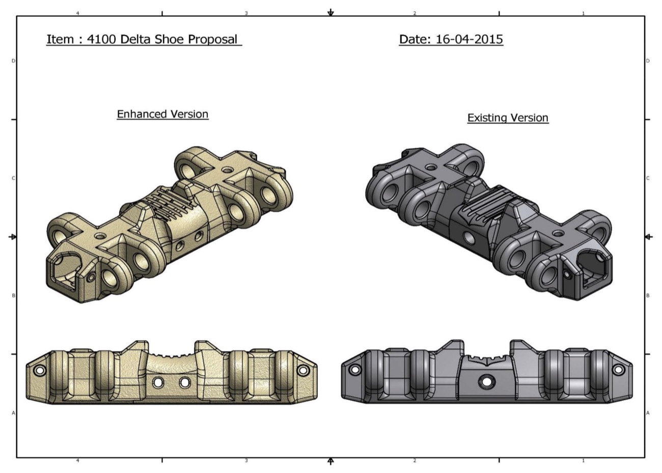 Zapata Delta 4100 rediseñada contra la versión existente — más acero en lugs, paths y nervaduras.